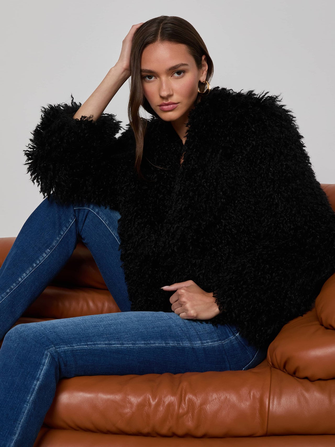 Aura Cropped Faux Fur Jacket in Black | L'AGENCE for sale