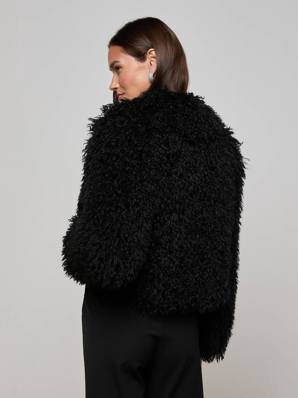 Aura Cropped Faux Fur Jacket in Black | L'AGENCE for sale