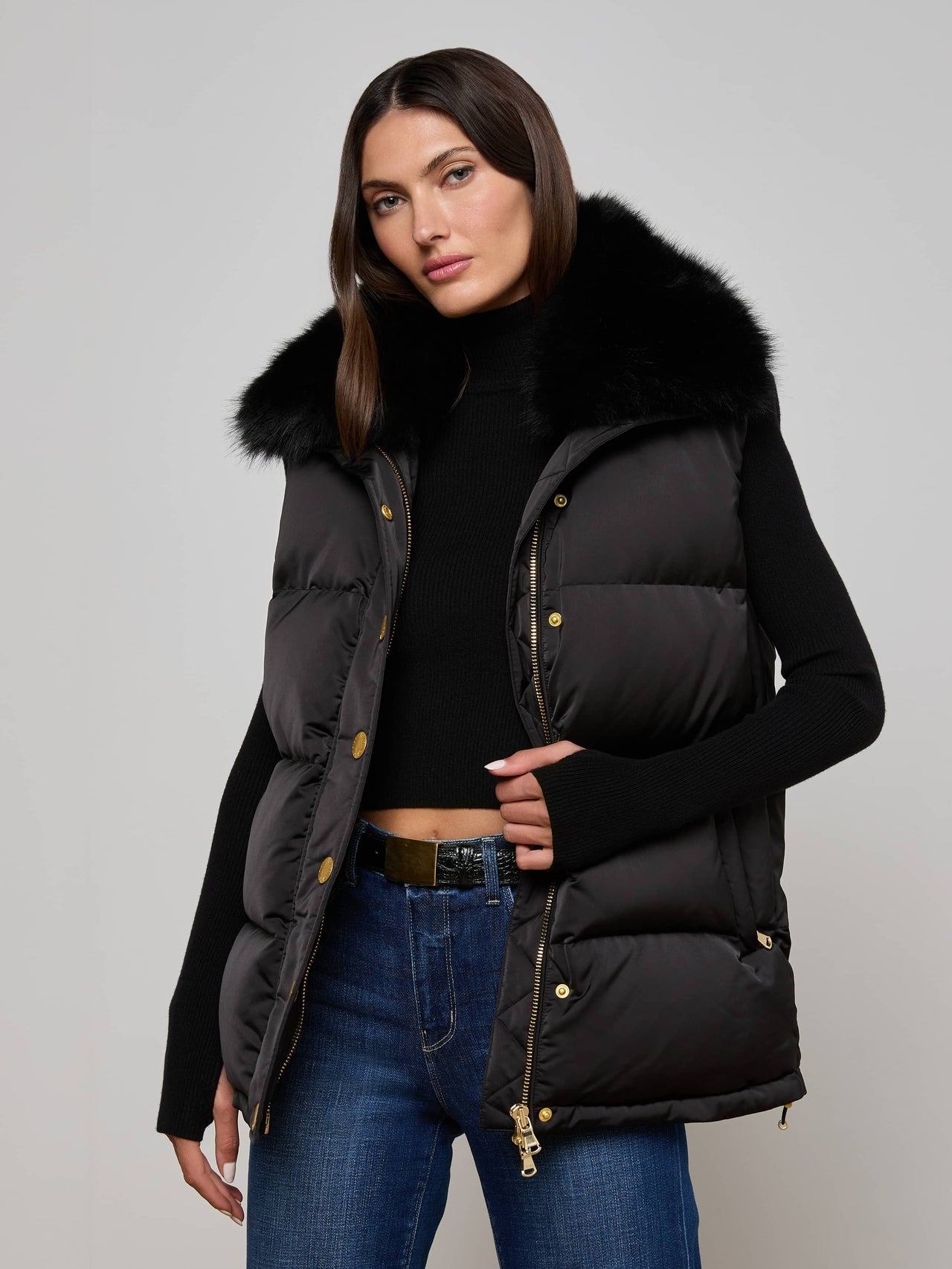 Nalo Faux Fur Puffer Vest in Black | L'AGENCE US