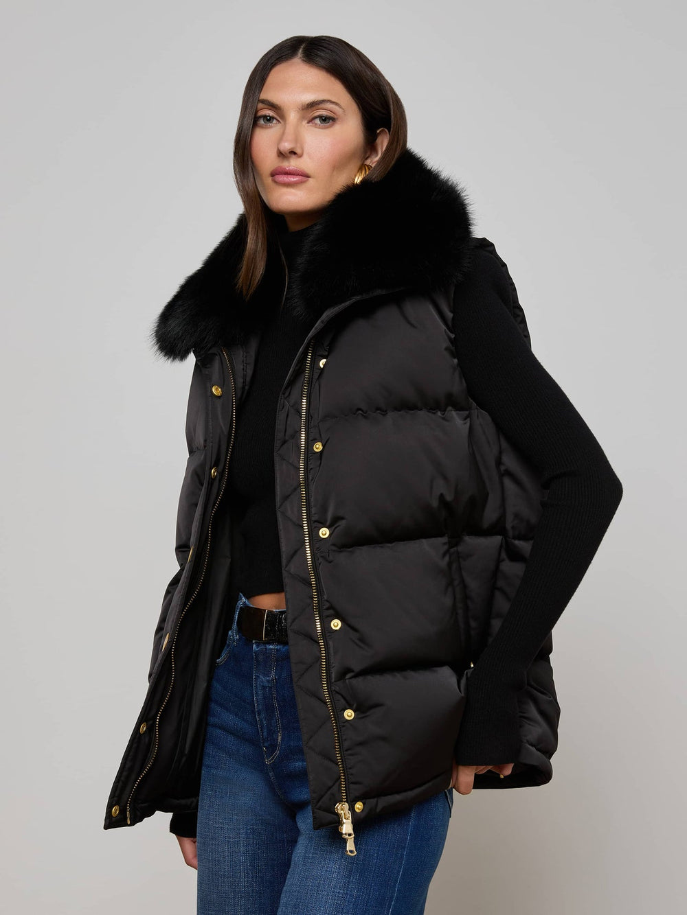 Nalo Faux Fur Puffer Vest in Black | L'AGENCE US