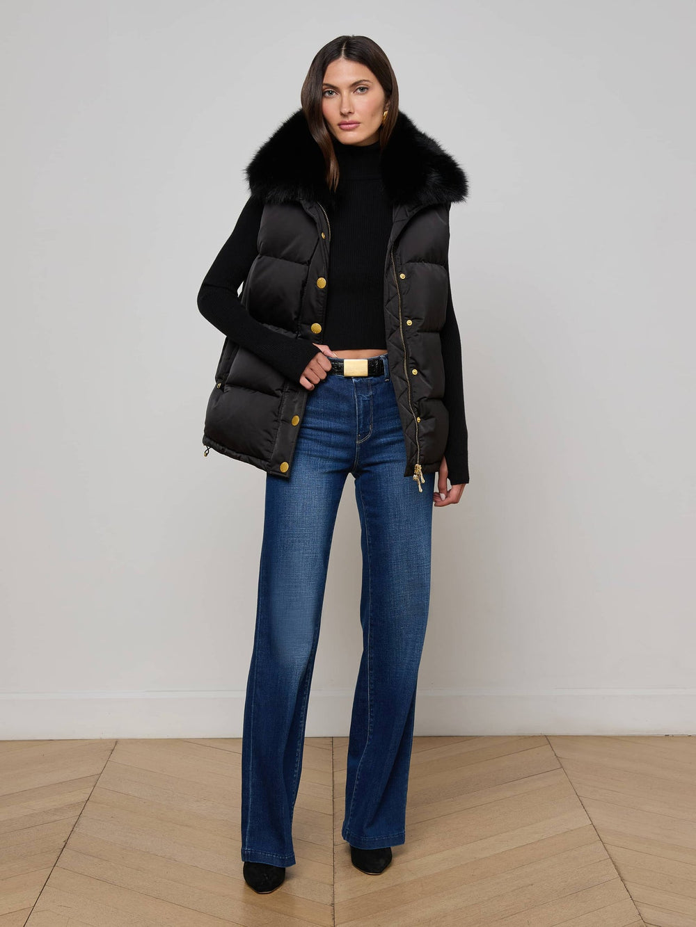 Nalo Faux Fur Puffer Vest in Black | L'AGENCE US