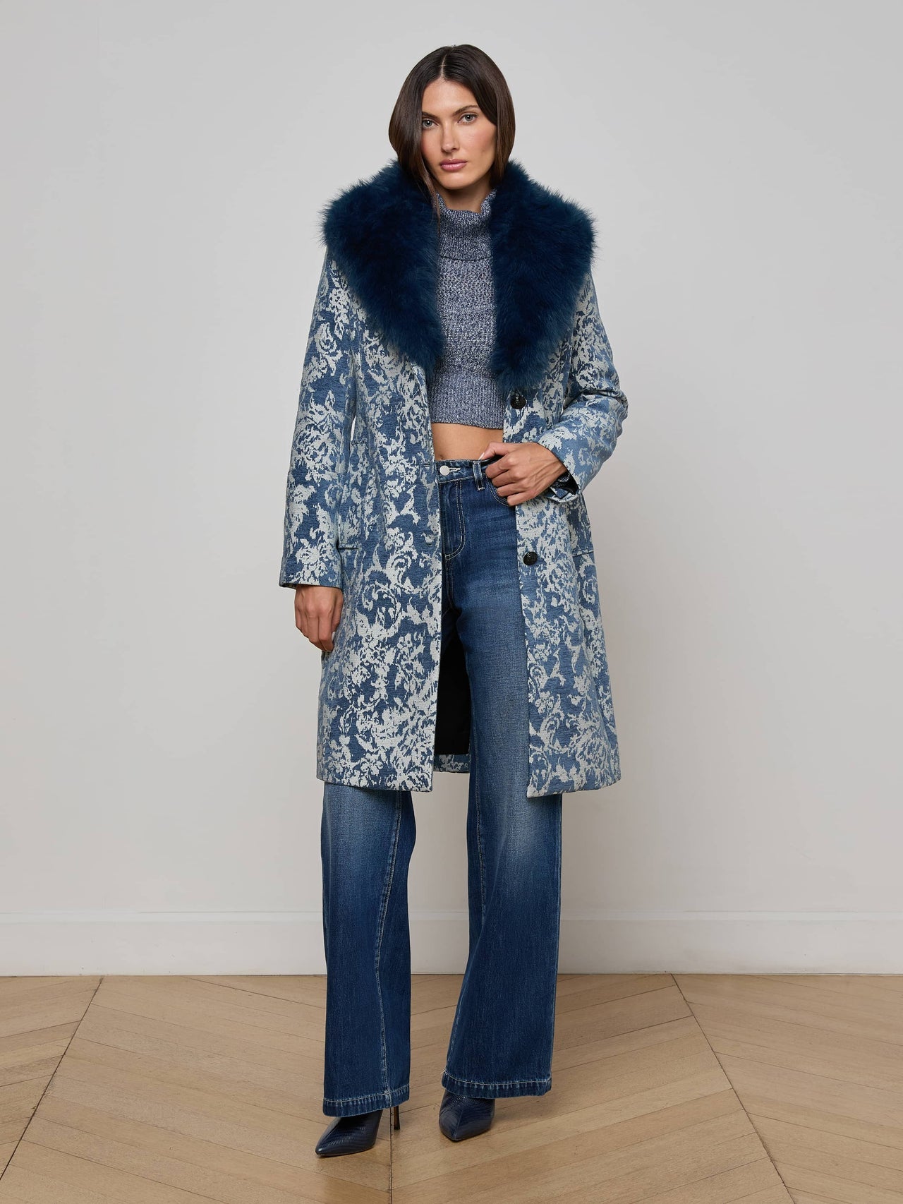 Laney Jacquard Coat in Dark Blue Stone Jacquard | L'AGENCE Women