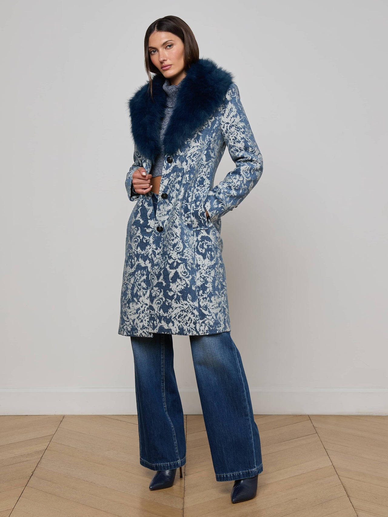Laney Jacquard Coat in Dark Blue Stone Jacquard | L'AGENCE Women