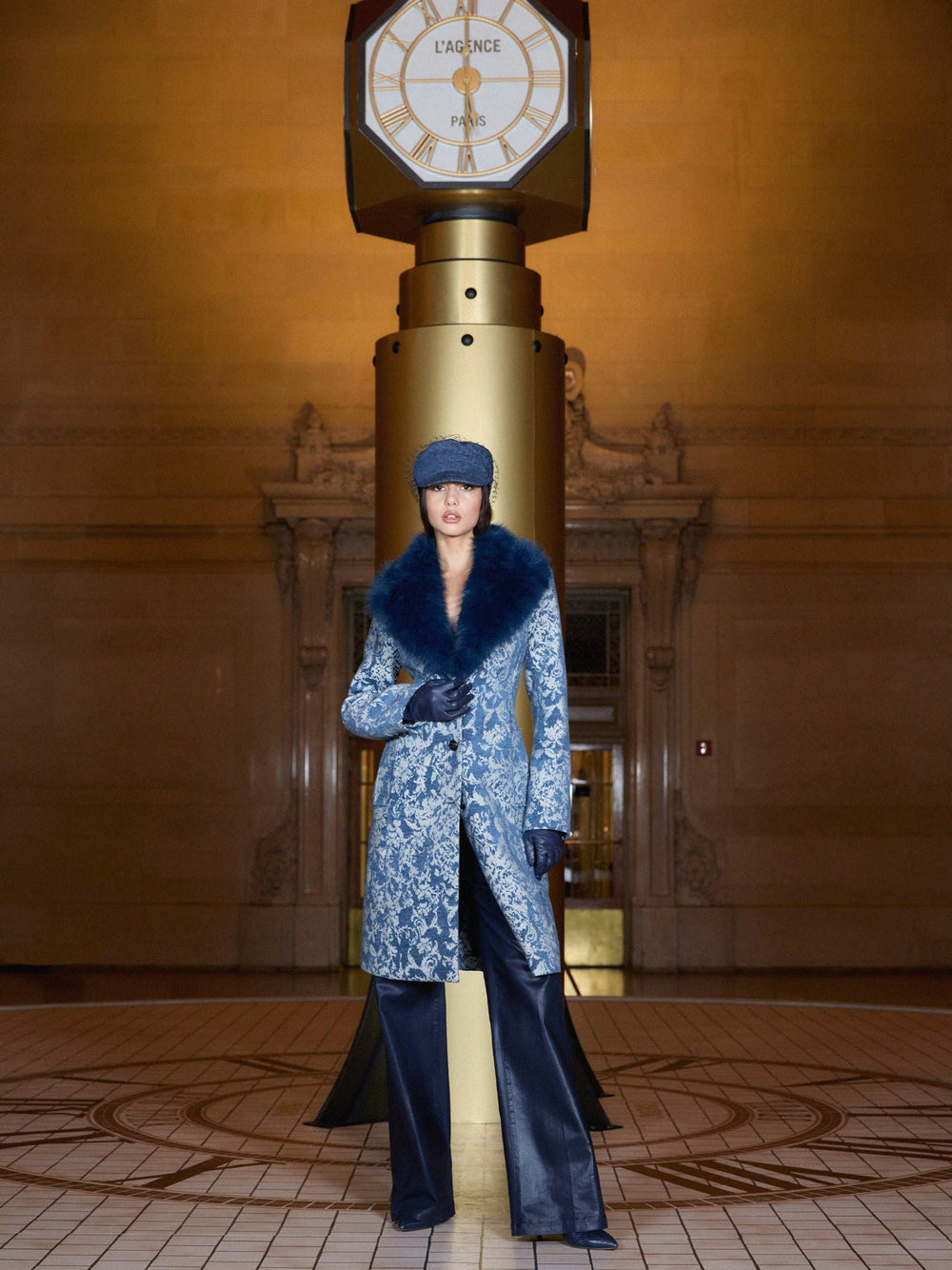 Laney Jacquard Coat in Dark Blue Stone Jacquard | L'AGENCE Women