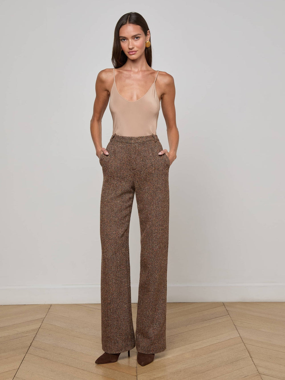 Livvy Straight-Leg Trouser in Brown Herringbone | L'AGENCE Women