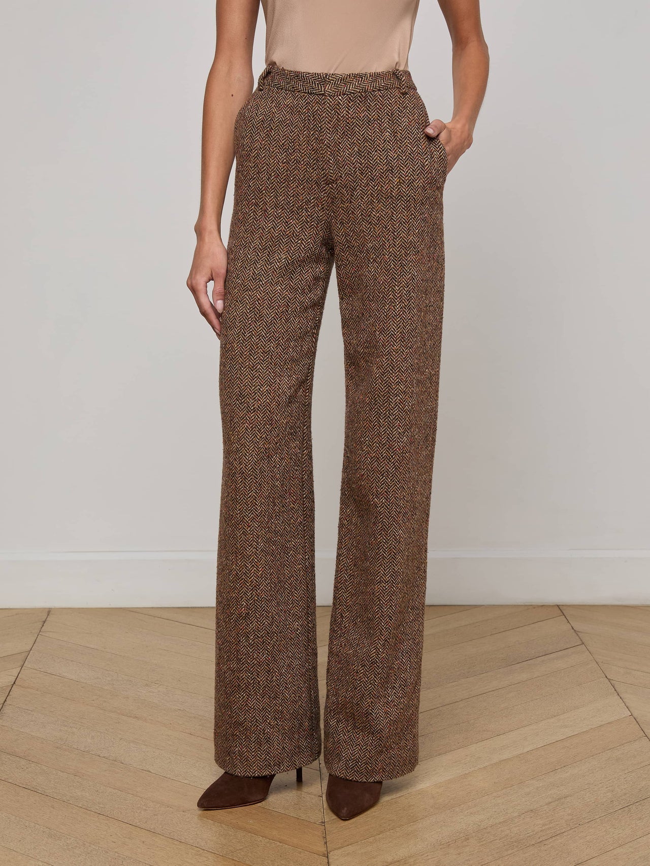 Livvy Straight-Leg Trouser in Brown Herringbone | L'AGENCE Women