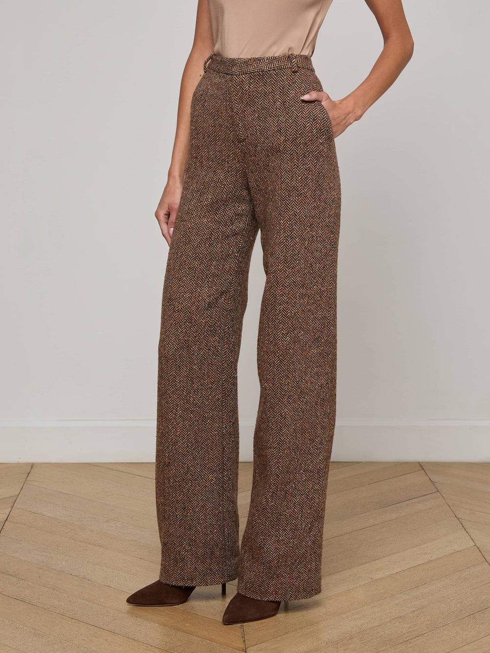 Livvy Straight-Leg Trouser in Brown Herringbone | L'AGENCE Women