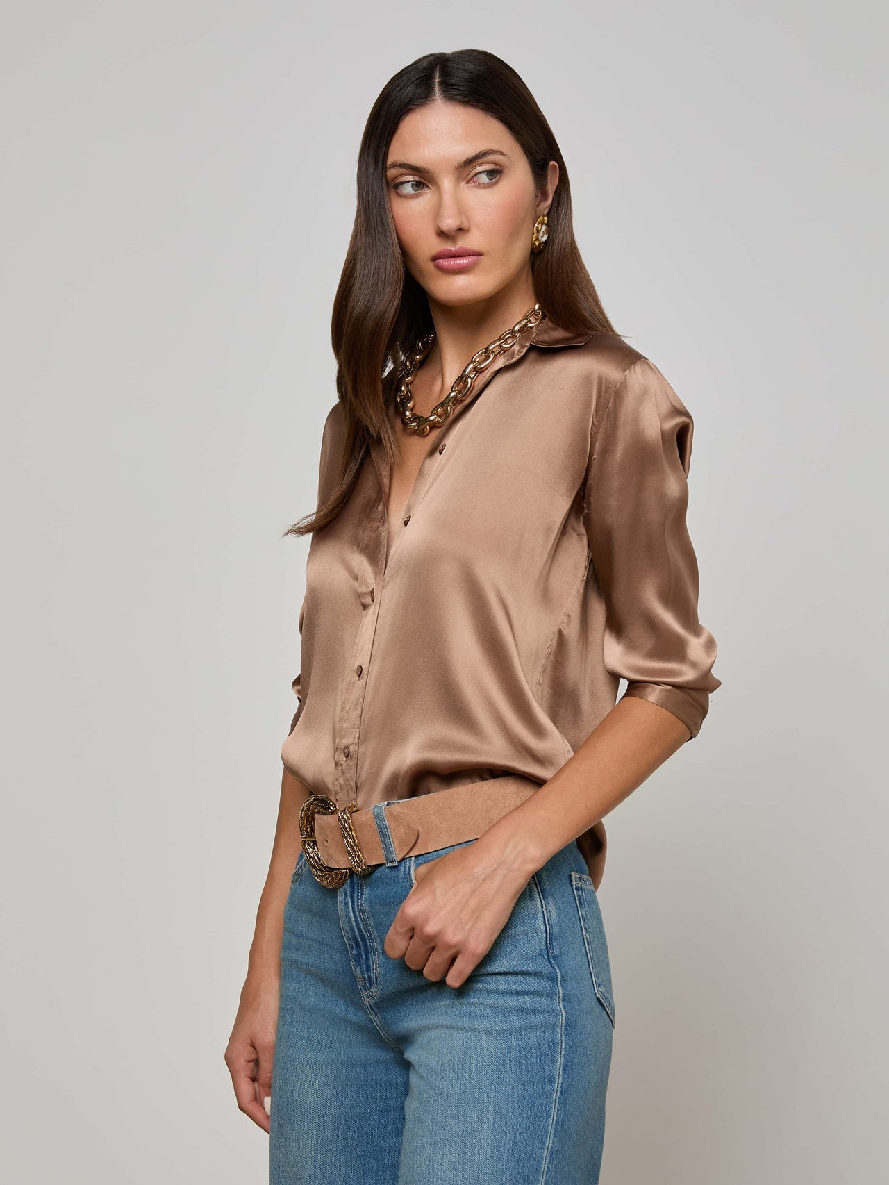Dani Silk Blouse in Cinnamon Swirl | L'AGENCE US