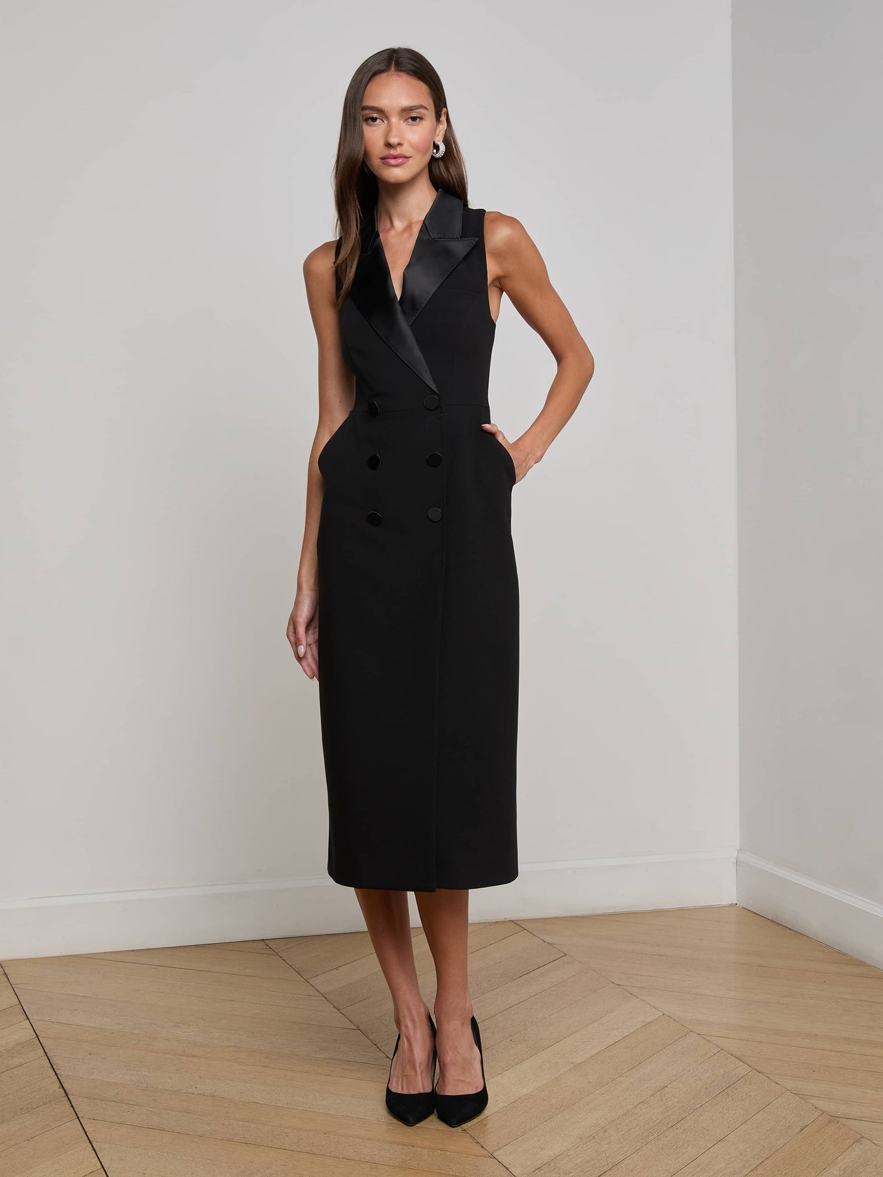 Catherine Tuxedo Midi Dress in Black | L'AGENCE near me