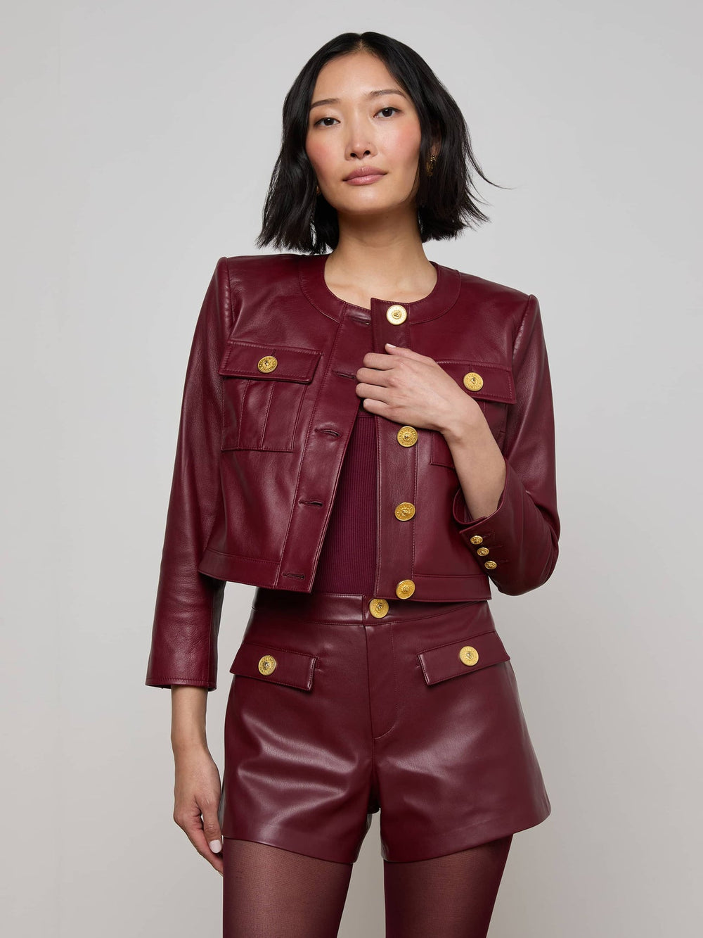 Deidra Cropped Leather Jacket in Black Cherry | L'AGENCE Women