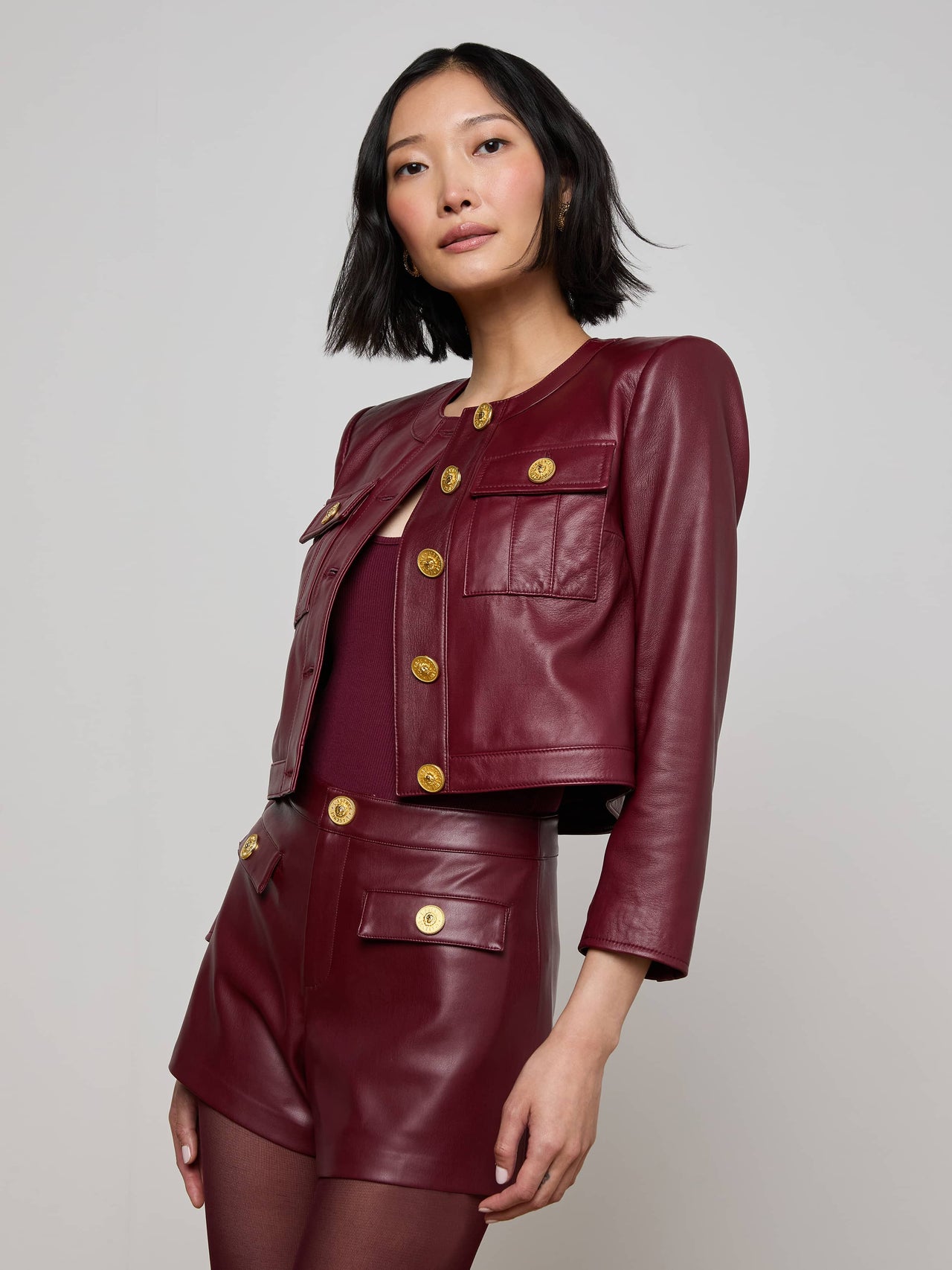 Deidra Cropped Leather Jacket in Black Cherry | L'AGENCE Women