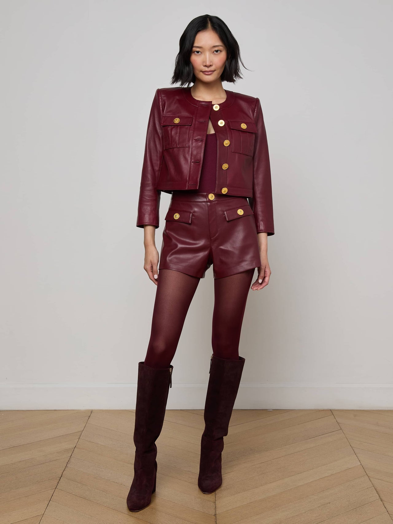 Deidra Cropped Leather Jacket in Black Cherry | L'AGENCE Women