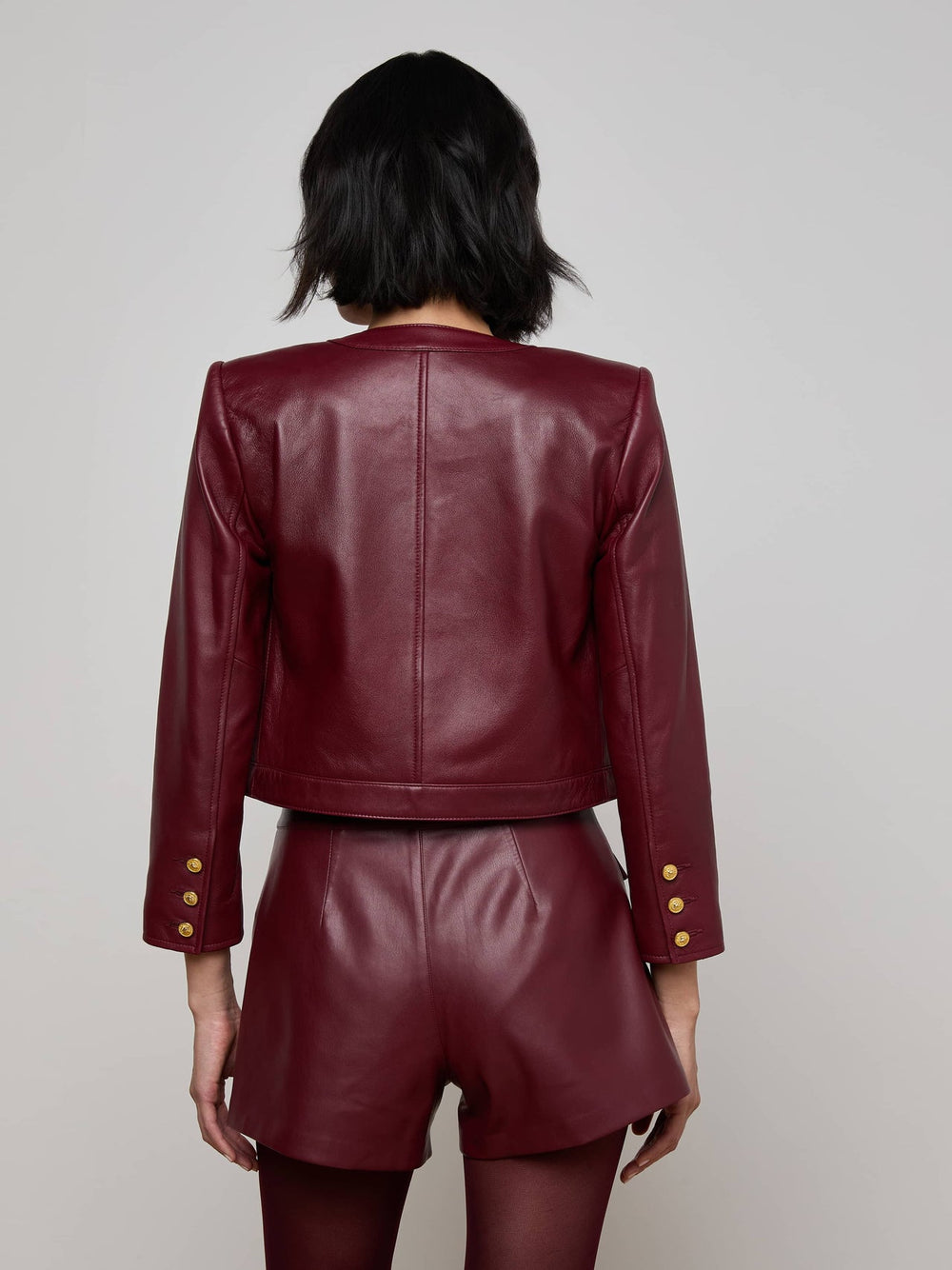 Deidra Cropped Leather Jacket in Black Cherry | L'AGENCE Women