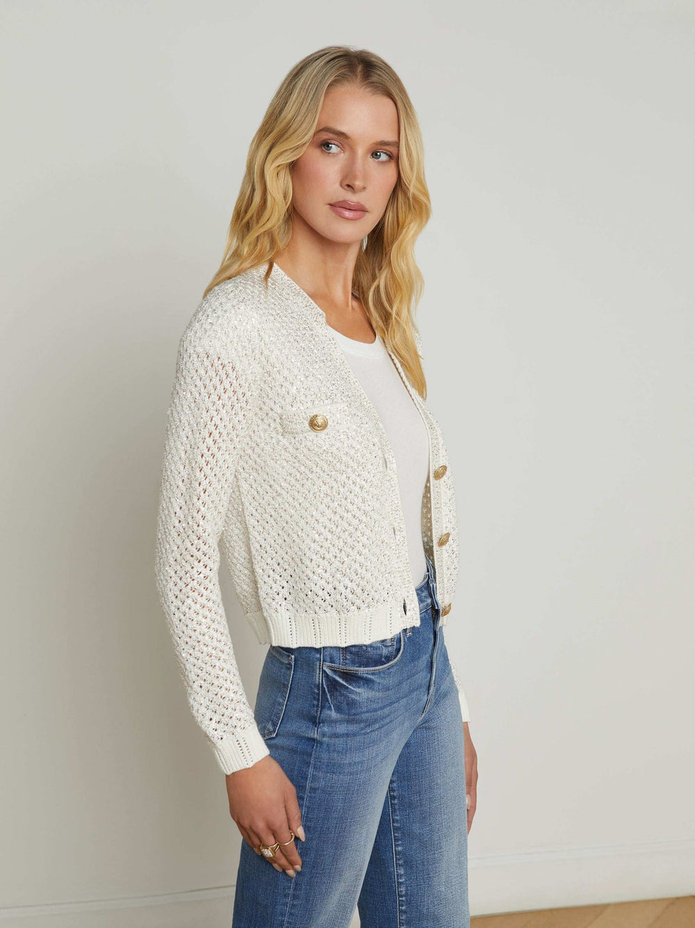 Blanca Sequin Cardigan in Ivory/Gold | L'AGENCE online