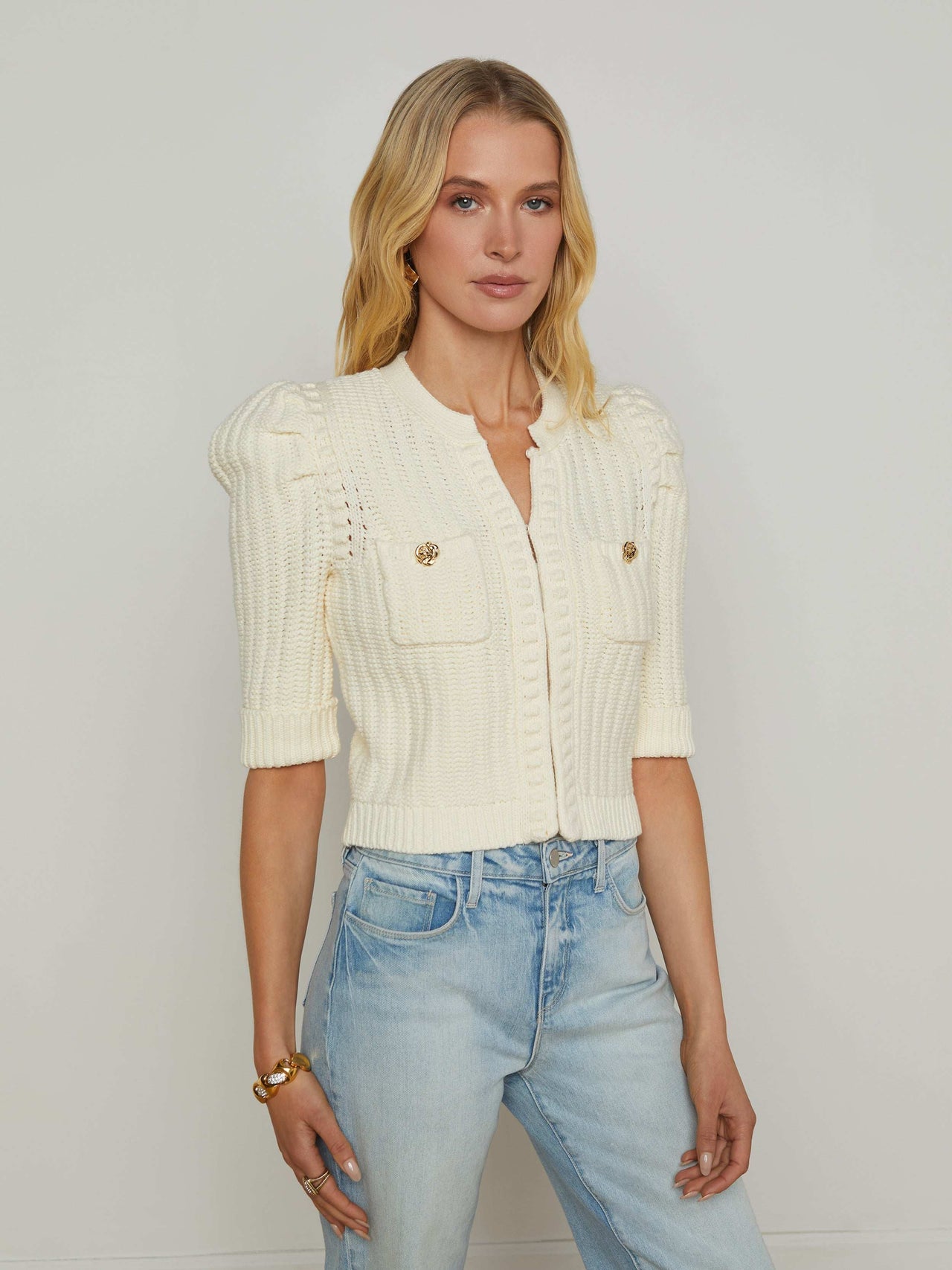 Delilah Cropped Cardigan in Vintage White/Gold Knot | L'AGENCE for sale