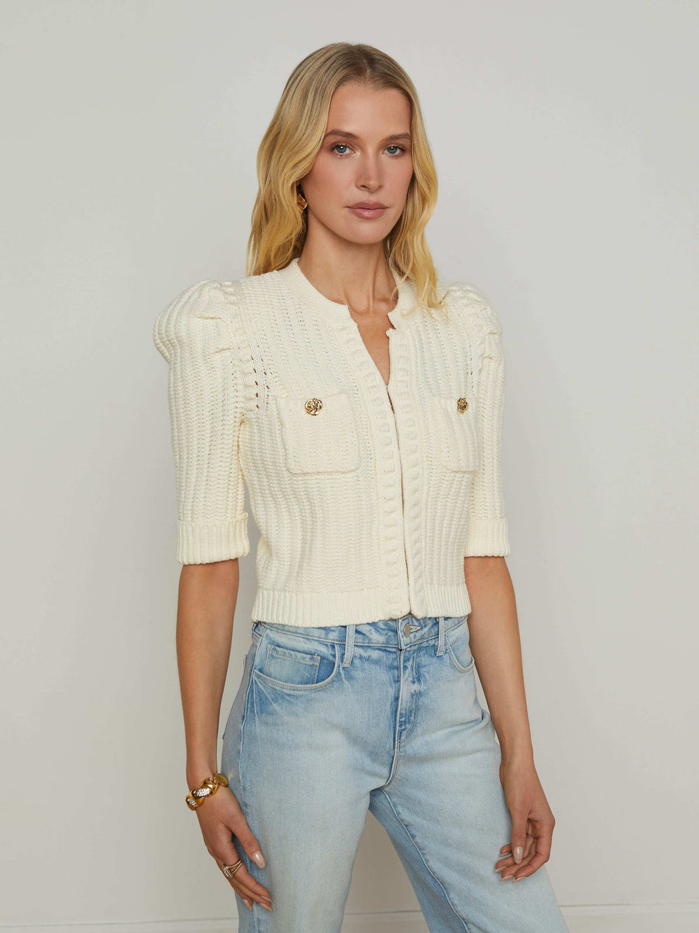 Delilah Cropped Cardigan in Vintage White/Gold Knot | L'AGENCE for sale