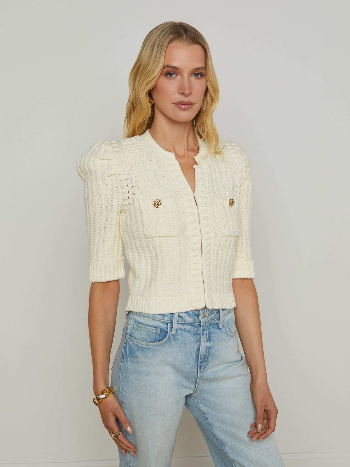 Delilah Cropped Cardigan in Vintage White/Gold Knot | L'AGENCE for sale