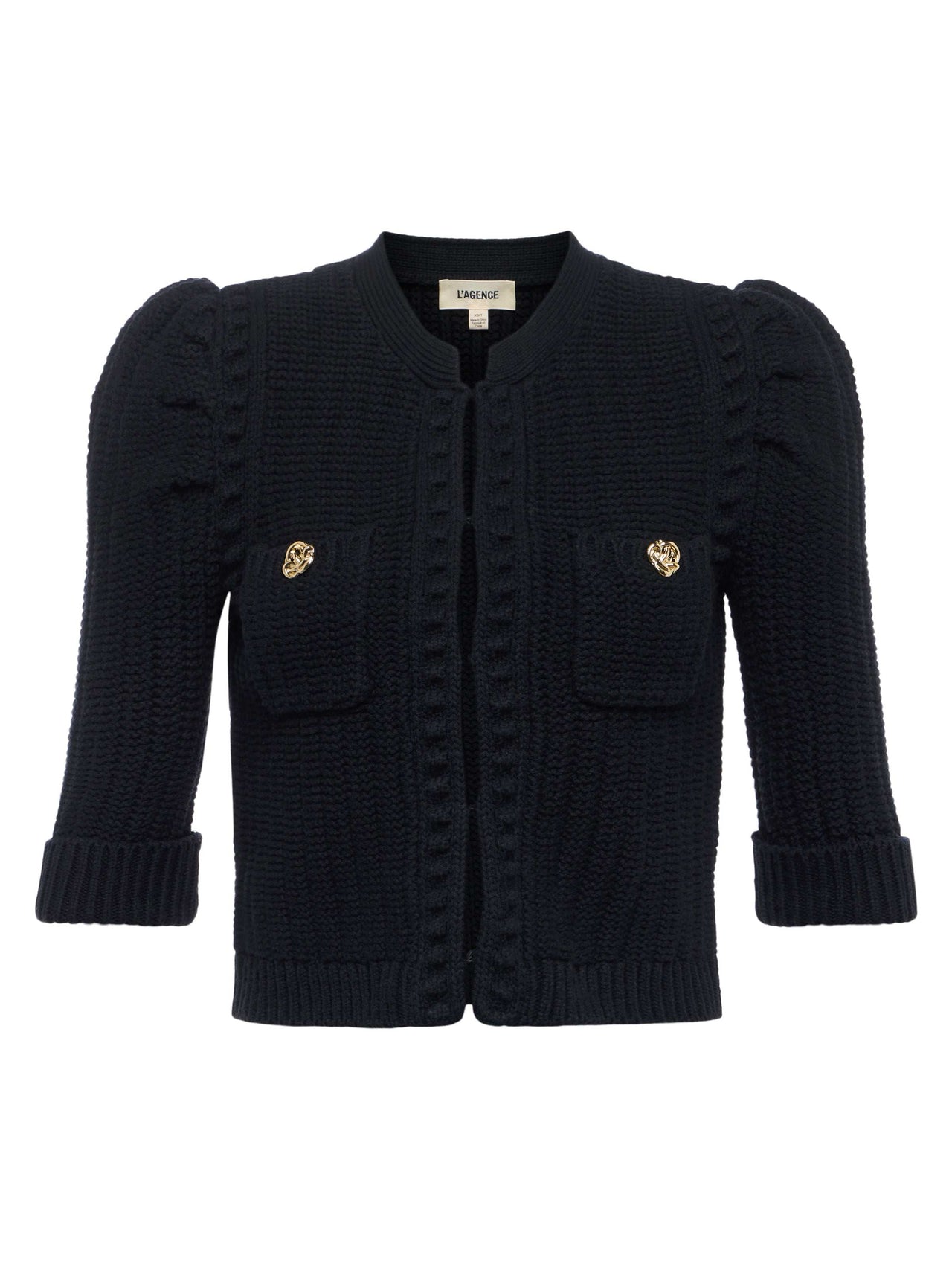 Delilah Cropped Cardigan in Black/Gold Knot | L'AGENCE for sale