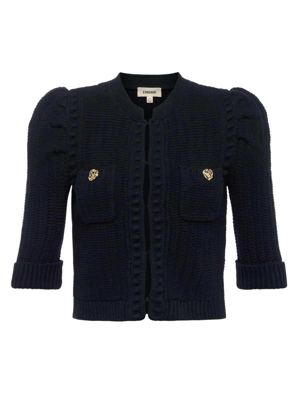Delilah Cropped Cardigan in Black/Gold Knot | L'AGENCE for sale