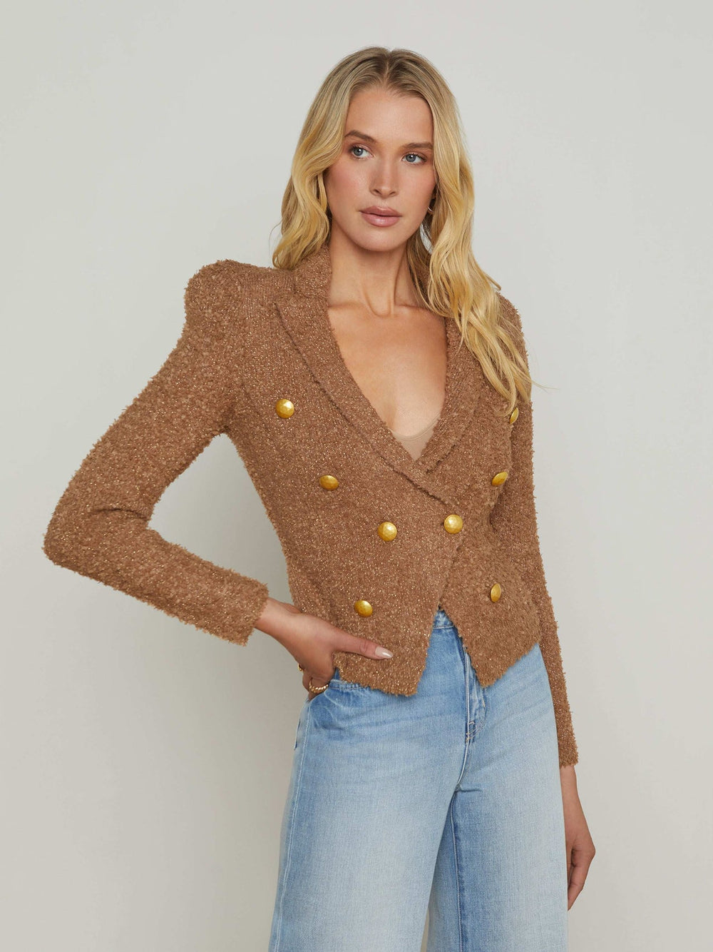 Bethany Knit Blazer in Dark Cappuccino/Gold | L'AGENCE sale