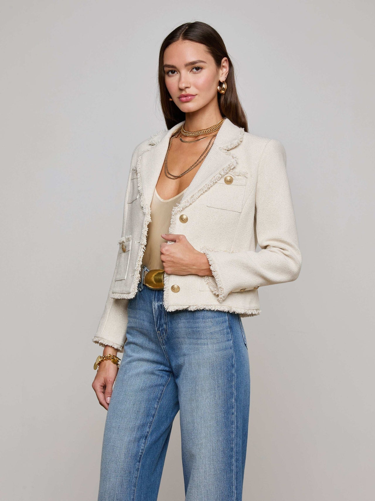Sylvia Tweed Jacket in Ivory/Light Gold | L'AGENCE for sale