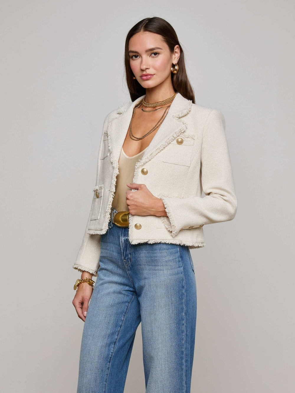 Sylvia Tweed Jacket in Ivory/Light Gold | L'AGENCE for sale