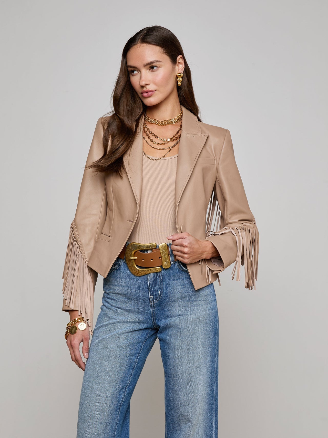 Vashti Fringed Leather Blazer in Dark Cappuccino | L'AGENCE sale