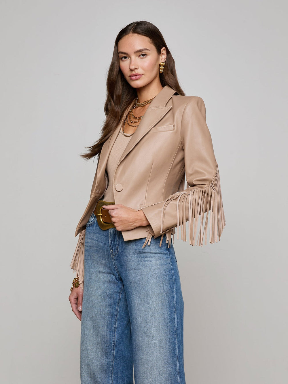 Vashti Fringed Leather Blazer in Dark Cappuccino | L'AGENCE sale
