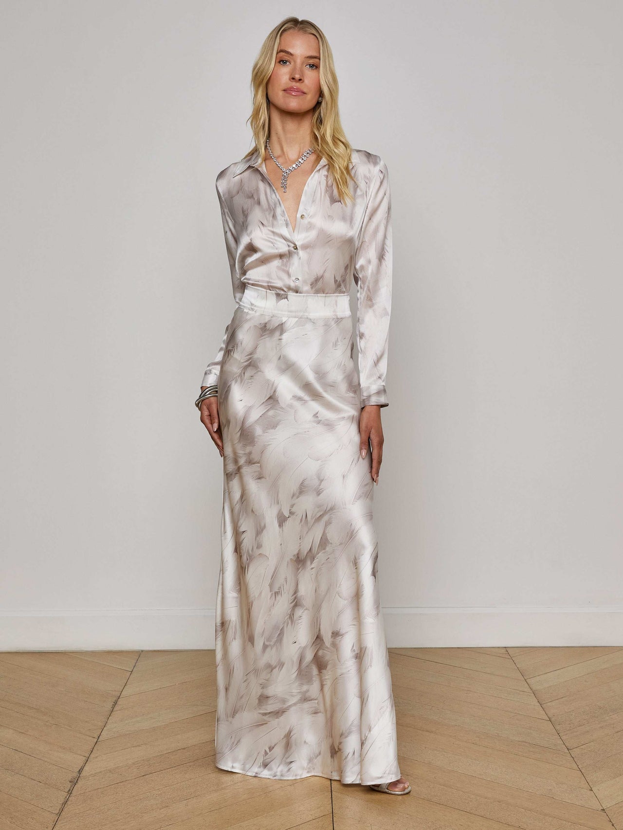 Ryker Silk Maxi Skirt in White Feather Print | L'AGENCE for sale