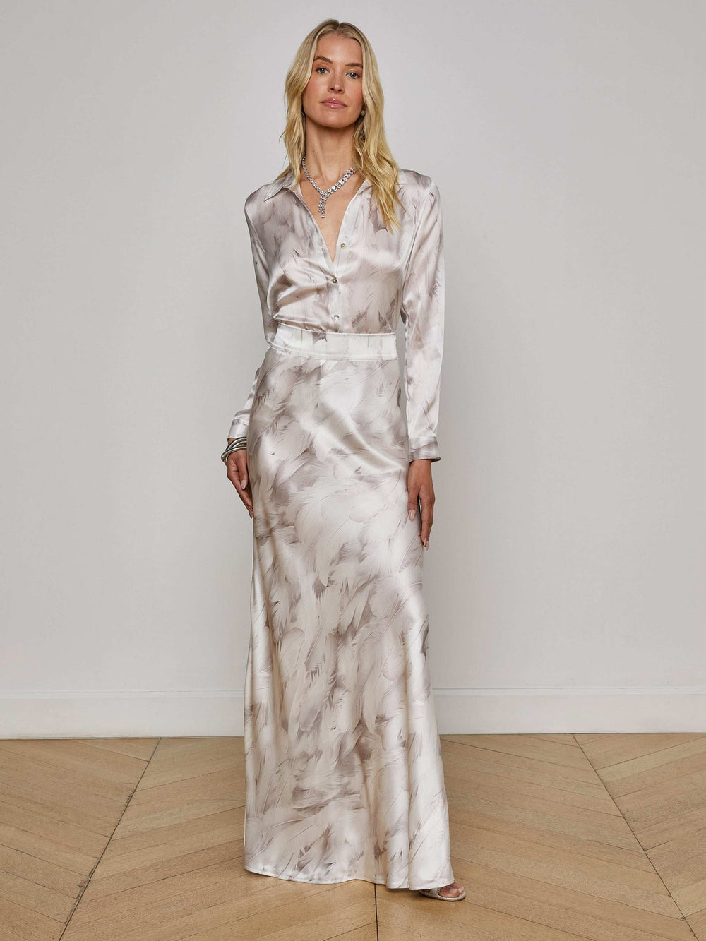 Ryker Silk Maxi Skirt in White Feather Print | L'AGENCE for sale