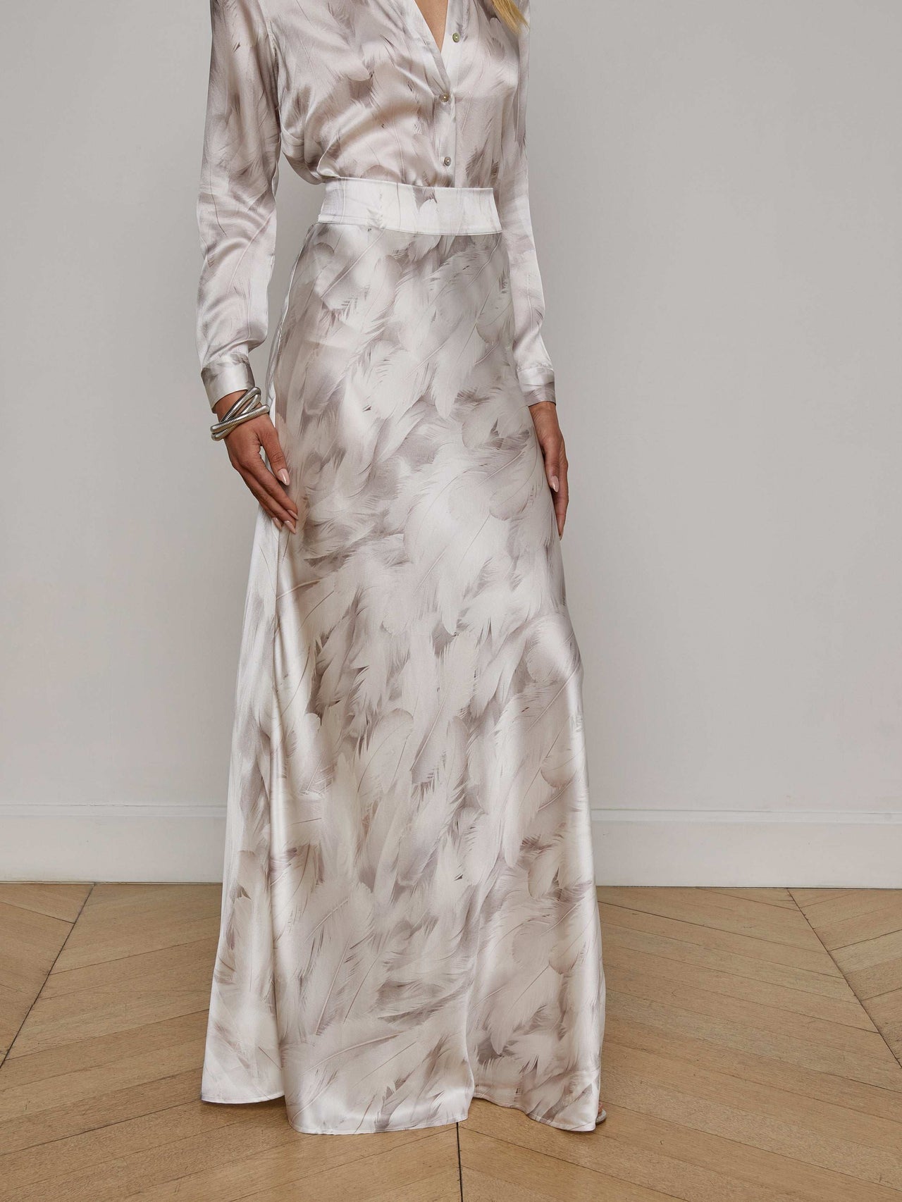 Ryker Silk Maxi Skirt in White Feather Print | L'AGENCE for sale