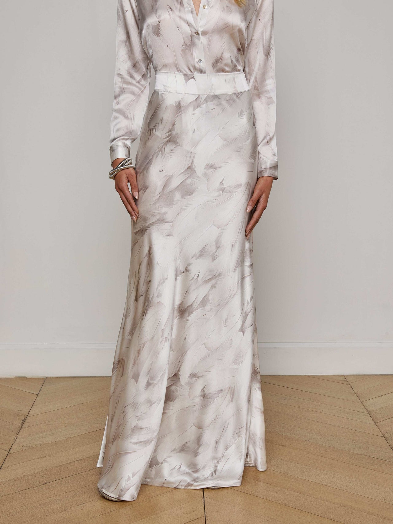 Ryker Silk Maxi Skirt in White Feather Print | L'AGENCE for sale
