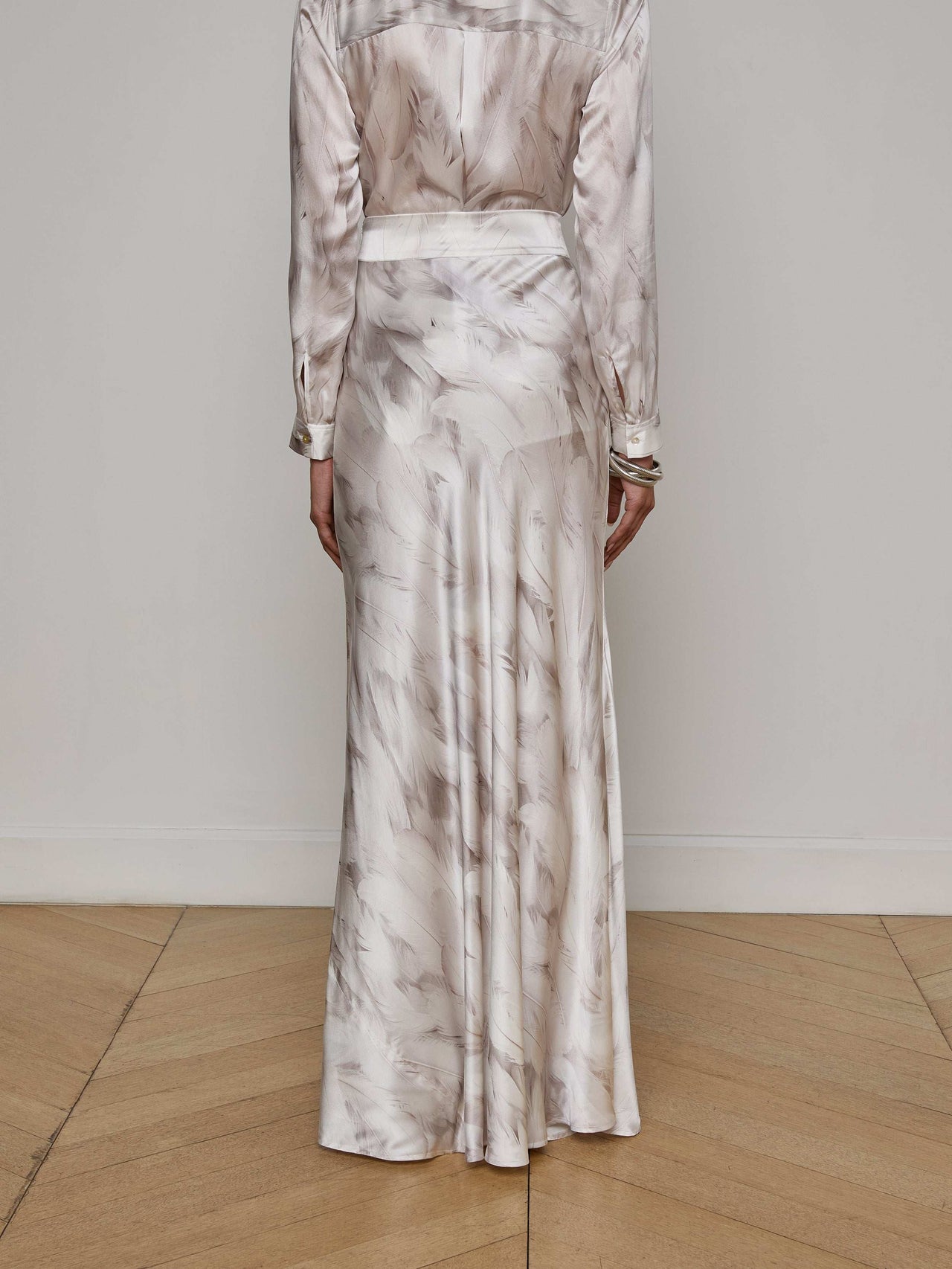 Ryker Silk Maxi Skirt in White Feather Print | L'AGENCE for sale