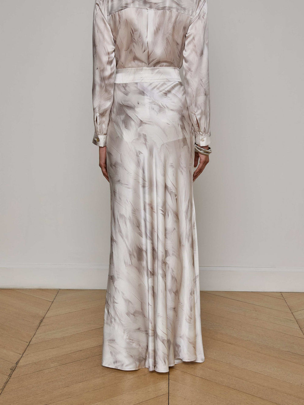 Ryker Silk Maxi Skirt in White Feather Print | L'AGENCE for sale