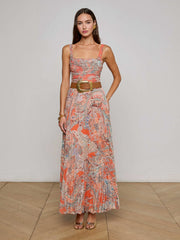Orange Torin Pleated Maxi Skirt in Light Blue Paisley Print | L'AGENCE discount