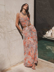 Orange Torin Pleated Maxi Skirt in Light Blue Paisley Print | L'AGENCE discount