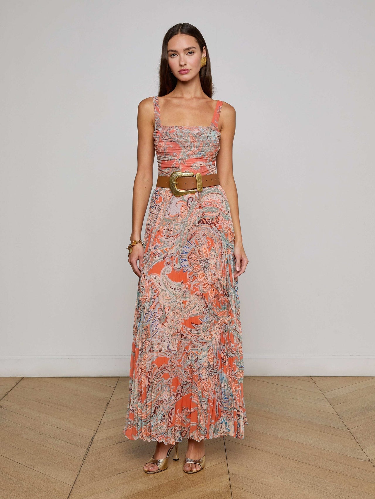Orange Torin Pleated Maxi Skirt in Light Blue Paisley Print | L'AGENCE discount