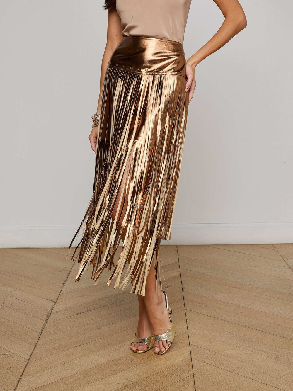 Karolina Fringe Skirt in Metallic Bronze Gold | L'AGENCE US