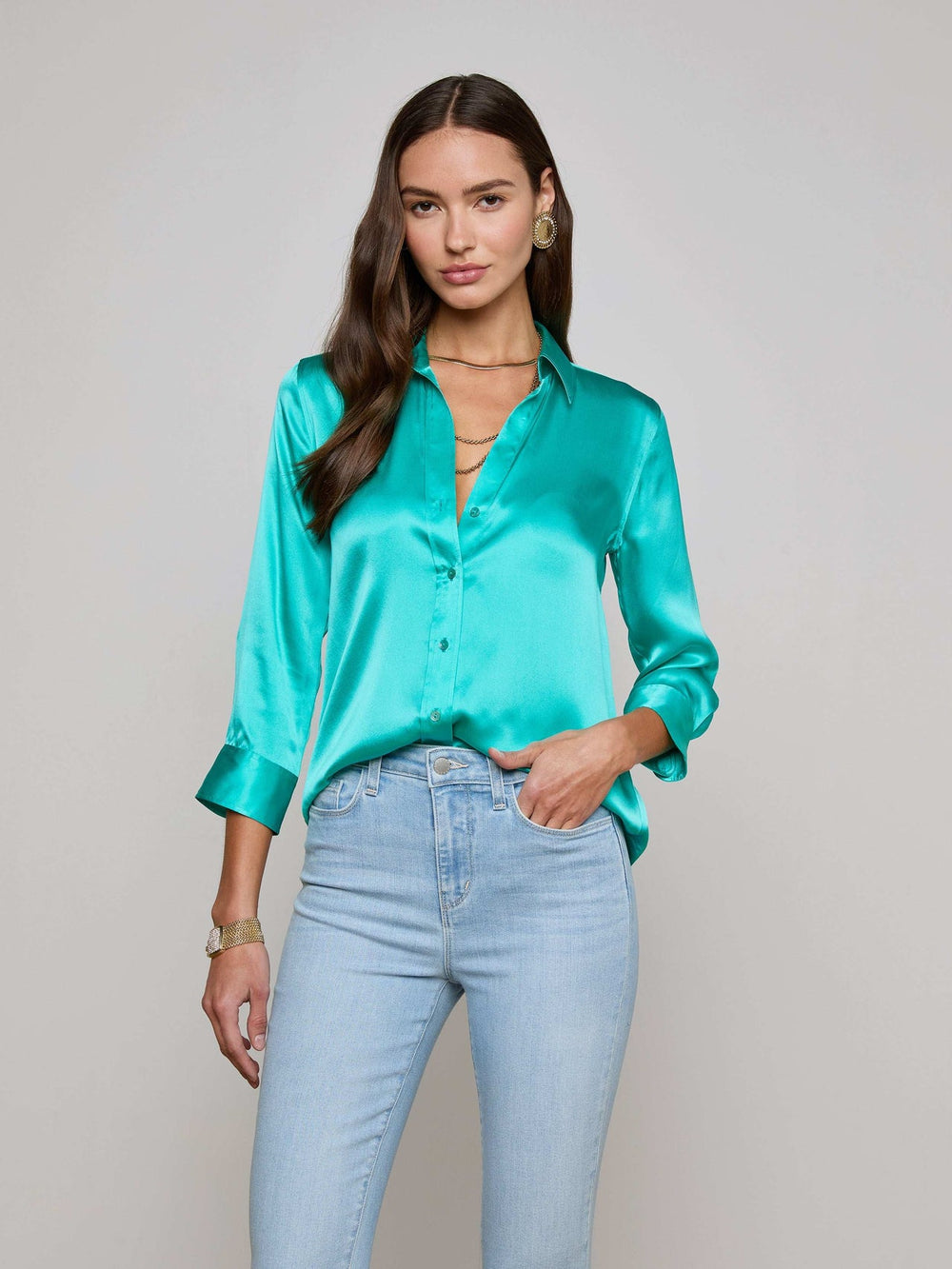 Dani Silk Blouse in Pool Blue | L'AGENCE for sale