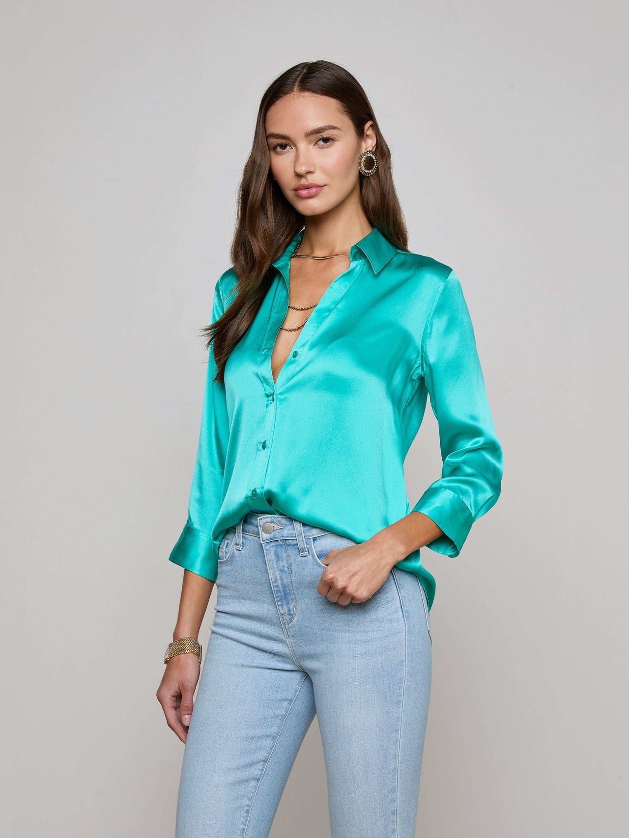 Dani Silk Blouse in Pool Blue | L'AGENCE for sale