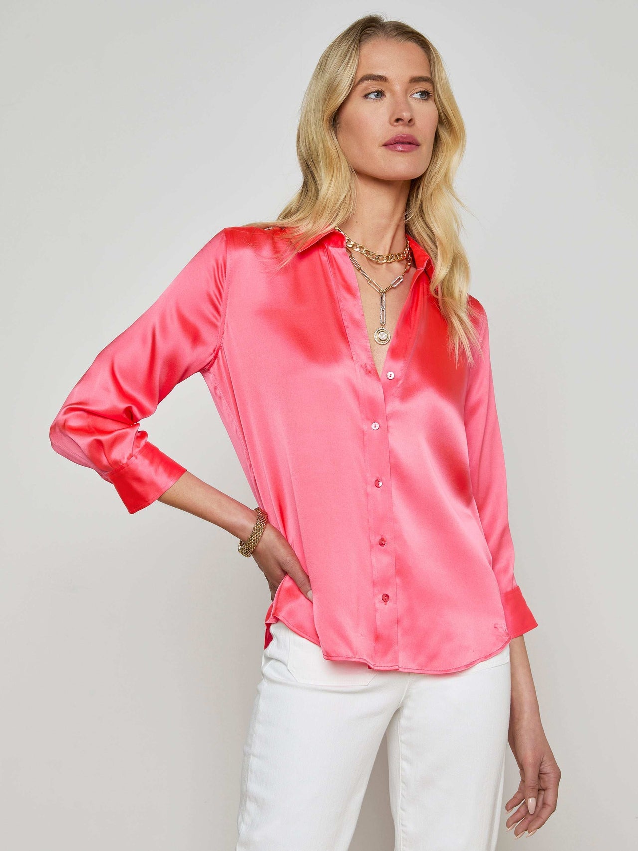 Dani Silk Blouse in Pop Coral | L'AGENCE for sale