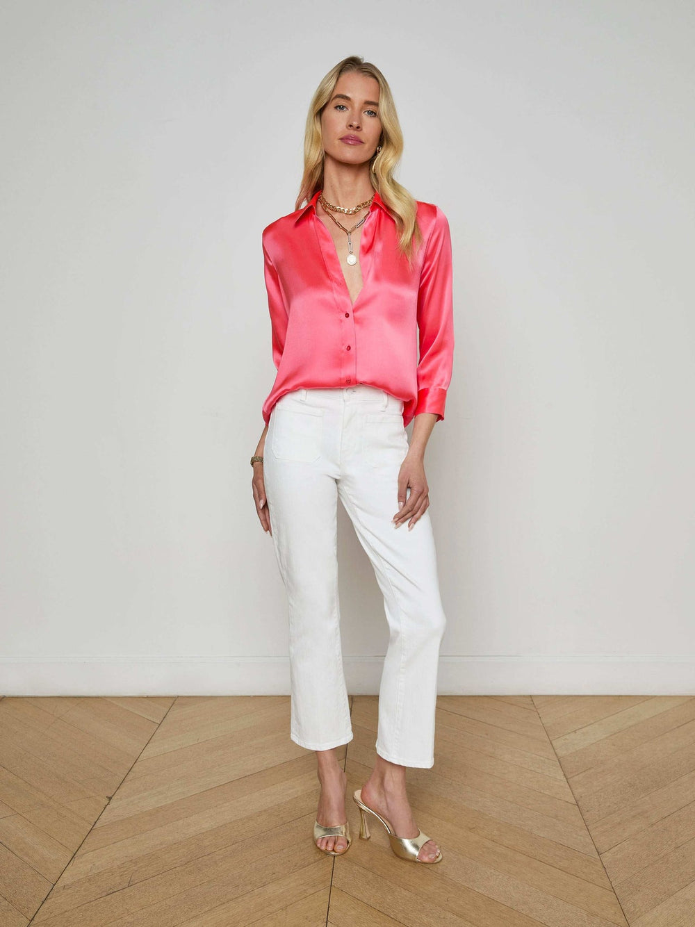 Dani Silk Blouse in Pop Coral | L'AGENCE for sale