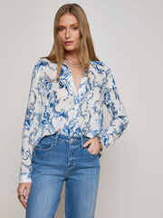 Holly Blouse in White/Blue Baroque Swirl | L'AGENCE discount