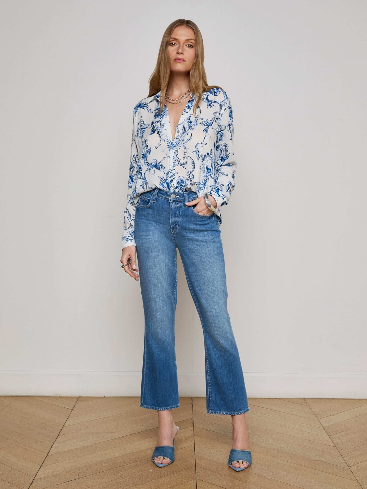 Holly Blouse in White/Blue Baroque Swirl | L'AGENCE discount