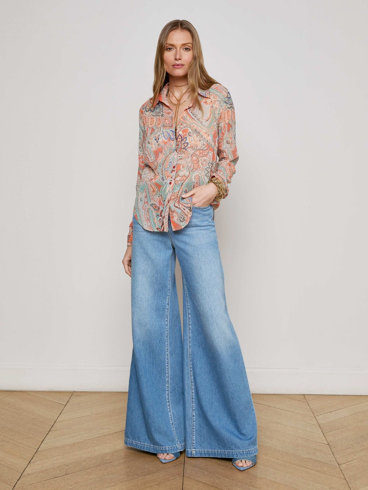 Orange Laurent Paisley Blouse in Light Blue Paisley Print | L'AGENCE discount