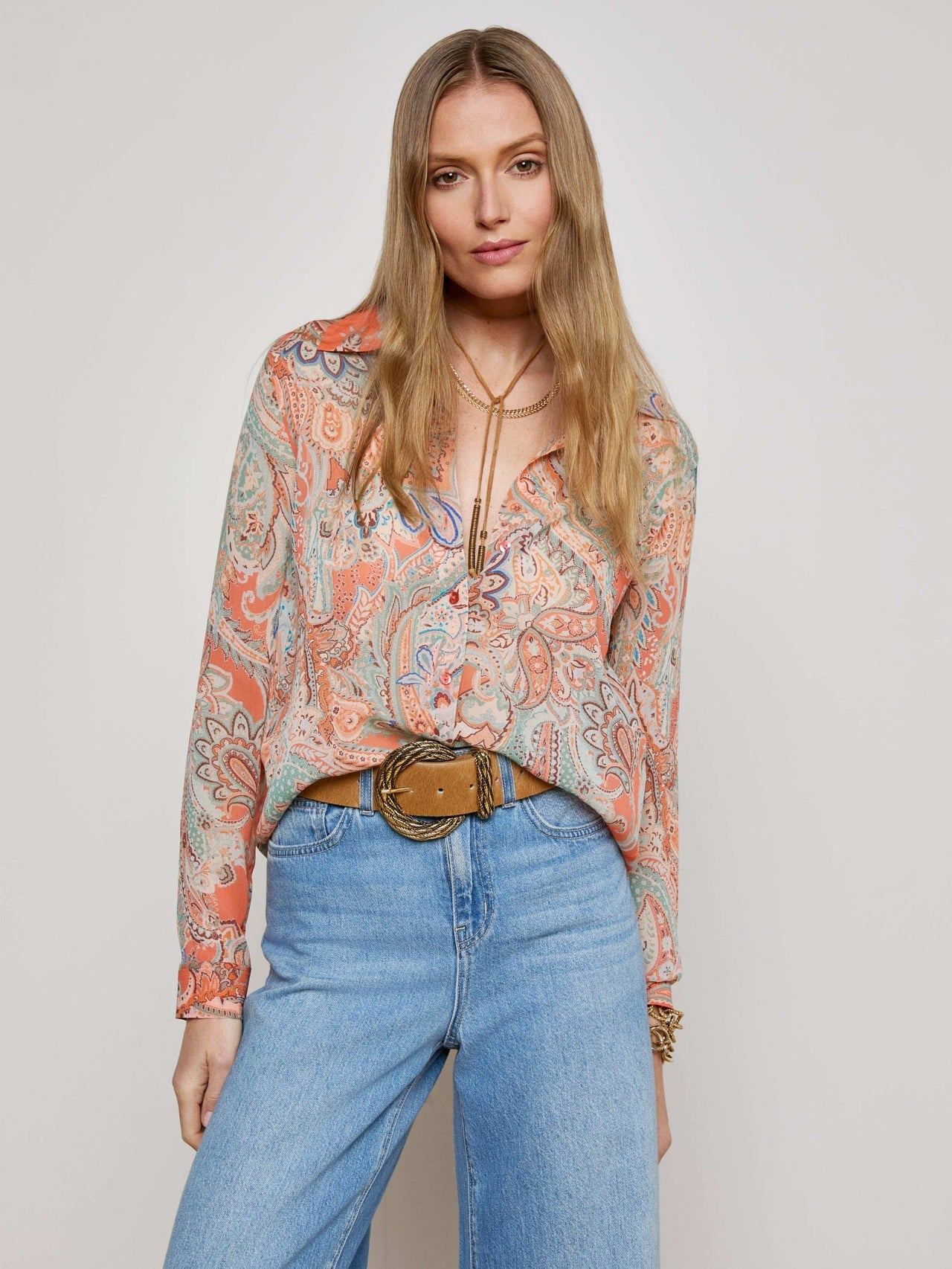 Orange Laurent Paisley Blouse in Light Blue Paisley Print | L'AGENCE discount