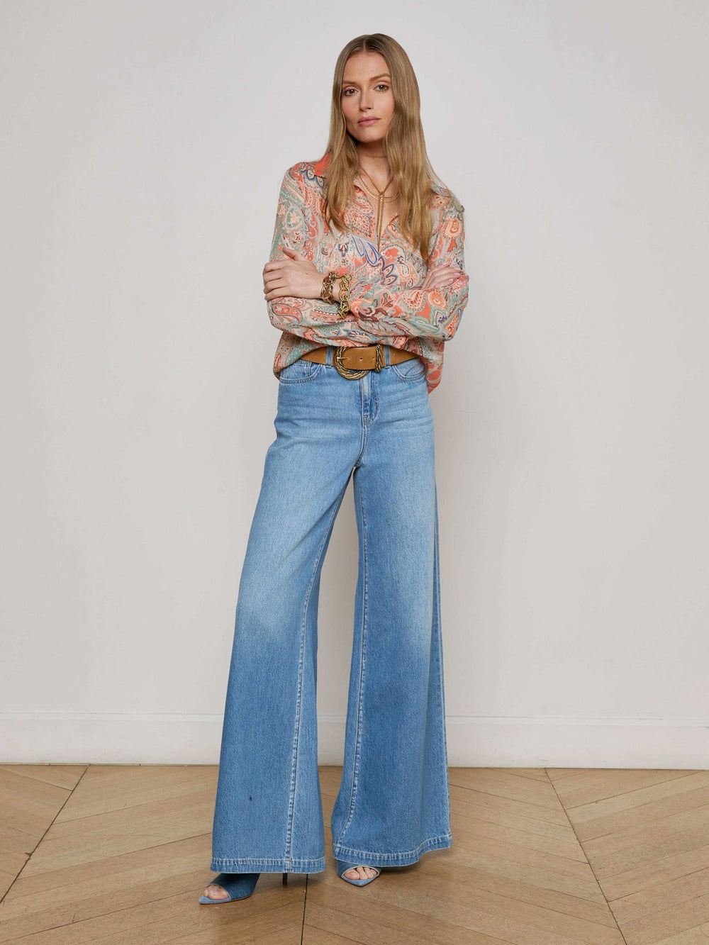 Orange Laurent Paisley Blouse in Light Blue Paisley Print | L'AGENCE discount