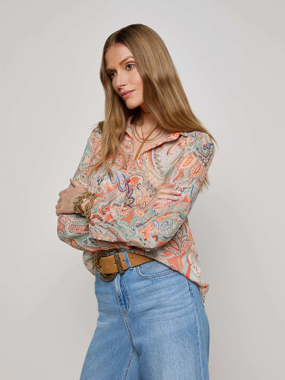 Orange Laurent Paisley Blouse in Light Blue Paisley Print | L'AGENCE discount