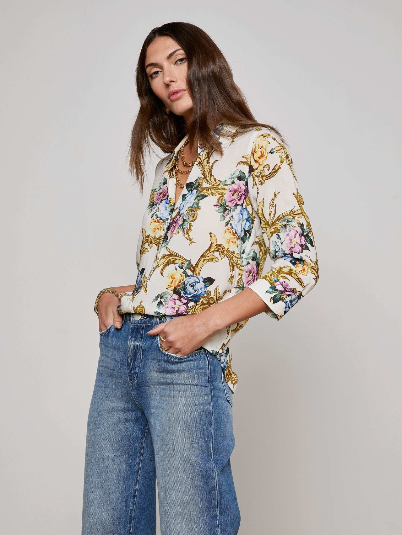 Camille Blouse in Vintage White Small Floral Baroque | L'AGENCE sale