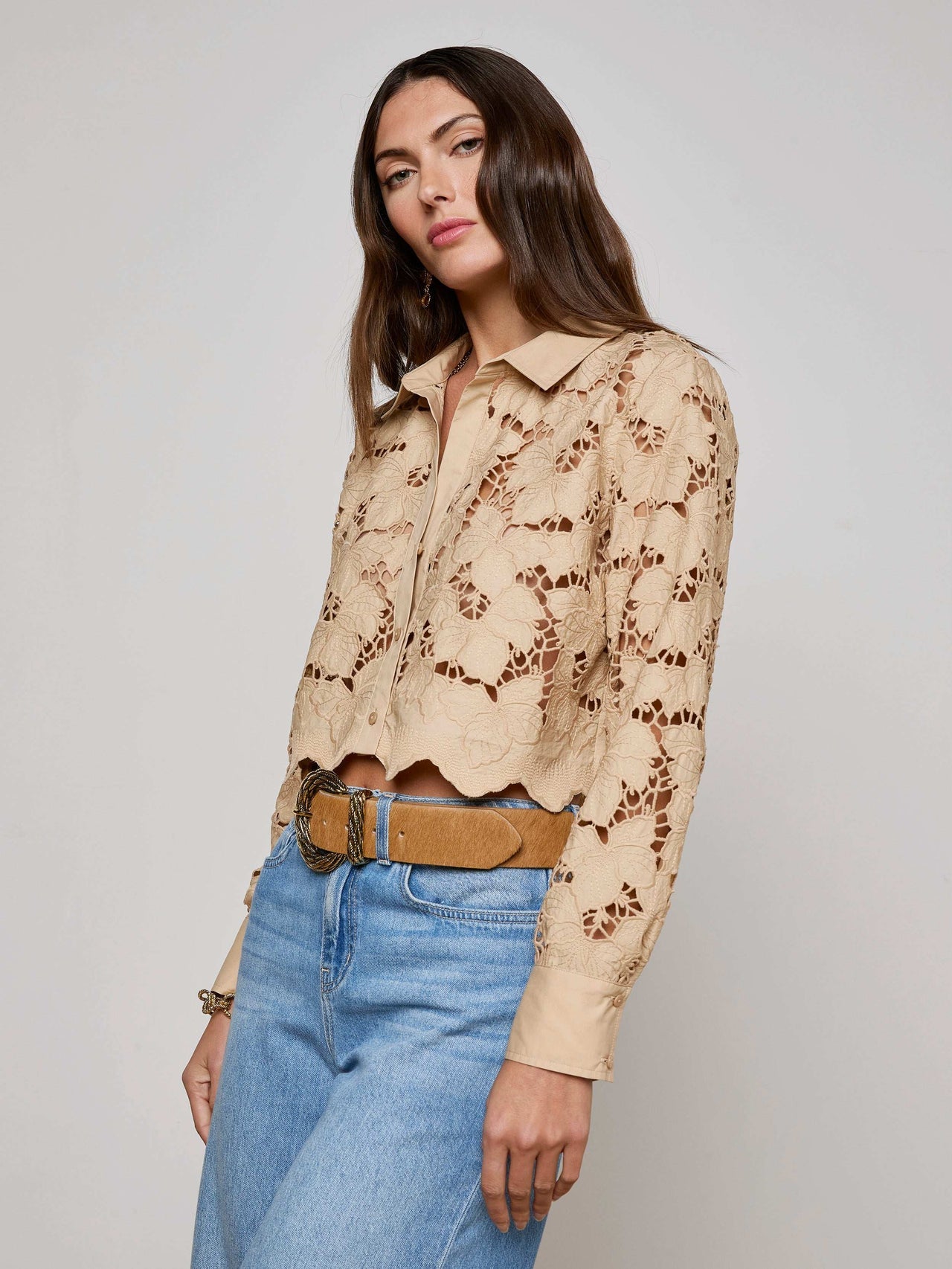 Seychelle Cropped Lace Blouse in Almond | L'AGENCE near me